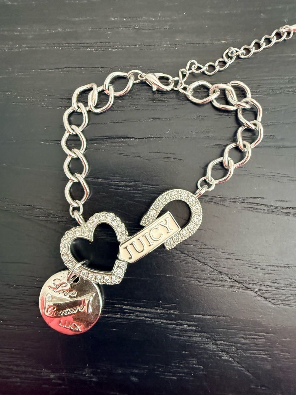 Juicy Couture Silver-Tone Heart & Logo Charm Bracelet with Black Enamel